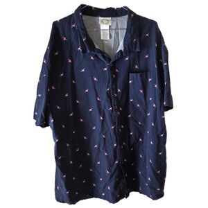 33 Revolution Mens Navy Blue Pink Flamingo Print Short Sleeve Button Front Shirt